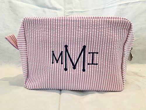 Pink and White Seersucker Make Up Bag, Custom Cosmetic Bag, Personalized Cosmetic Bag