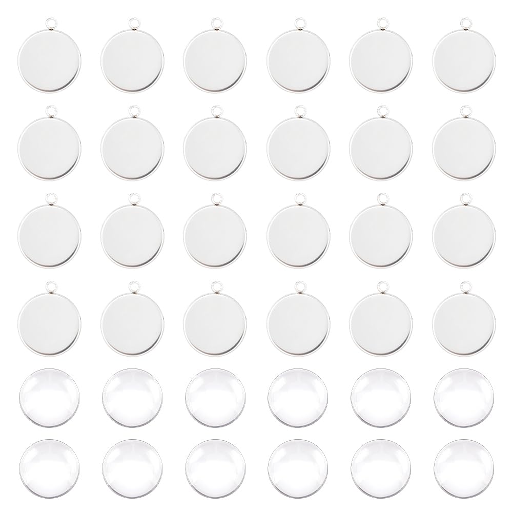 UNICRAFTALE 30 Pcs 25mm Cabochon Pendant Settings Stainless Steel Blank Bezel Pendant Trays Flat Round Square Base Cabochon Charm with Glass Cabochons for Jewelry Making