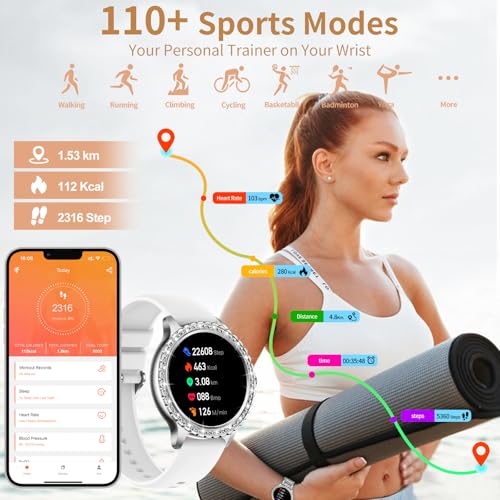 fitonyo Smart Watches for Women Diamonds (Answer/Make Call),1.32''Touchscreen Smart Watch for Android iOS with Heart Rate/Sleep/BP,Smart Watch for Android Phones With AI Voice,3 Bling Straps