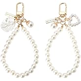 Beaded Phone Wrist Strap Keychain Pearl Mobile Phone Lanyard Chain Cell Phone Case Wristlet Strap Phone Keychain Pendant Bead Bracelet Key Chains Women for Car Keys 2Pcs Bag Accessories for Handbags