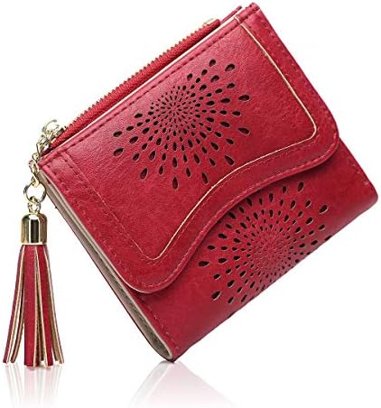 APHISONUK Women Small Purse Hollow Out Pattern Short Bifold Money Organizer Tassel PU Leather Wallet/Gift Box (Red)