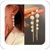 Fanquility Pearl Dangle Earrings Gold Plated Long Pearl Earrings Baroque AAA+ White Pearl Drop Dangle Earrings for Women Bridal Wedding Jewelry