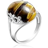 DALEGEM Genuine Yellow Tiger Eye Stone Ring for Women,S925 Sterling Silver Edged with Flower Vine Genuine Quartz Crystal Gemstone Turkish Ring Jewelry