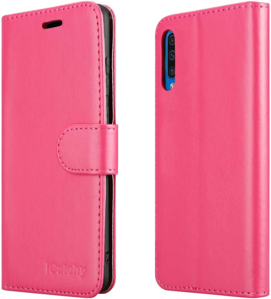iCatchy For Samsung Galaxy A50 Case, Wallet Book [Stand View] Magnetic Closure [Kickstand] Full Protection Premium Leather Folio Case Compatible with Samsung Galaxy A50 Phone Cover (Pink)