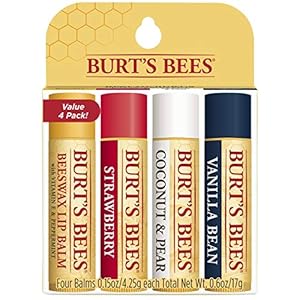 Burts-Bees-Balms-100-Percent-Natural-Gift-Set-Pack-of-4 Burt's Bees Lip Balm Multipack, Lip Balm Set, Beeswax, Strawberry, Coconut & Pear, Vanilla Bean, Best of Burt's, 4x4.25g