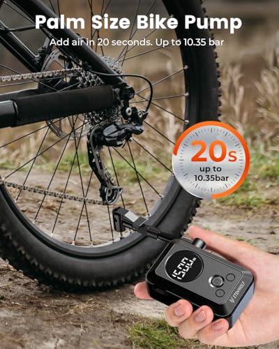 ETENWOLF Mini Electric Bike Pump, 10.34 BAR Portable Bicycle Air Pump with Presta and Schrader Valve for Mountain Bike,Road Bike,Motorcycle,Sport Ball, Fast Inflate & Auto Stop Bicycle Pump with Gauge