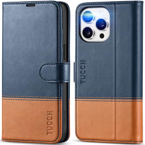 TUCCH Wallet Case for iPhone 15 Pro Max, [RFID Blocking] [4 Card Slots] Protective TPU Inner Shell, Shockproof Magnetic PU Leather Stand Flip Cover, Blue&Brown