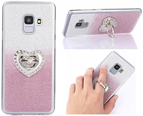 Samsung A8 Plus 2018 case,AICOO Luxury Creative Diamond Love Heart Ring Kickstand Pattern Gradient Color Bling Shiny Sparkle Rubber Bumper Protective Case Cover for Samsung A8 Plus 2018,Pink