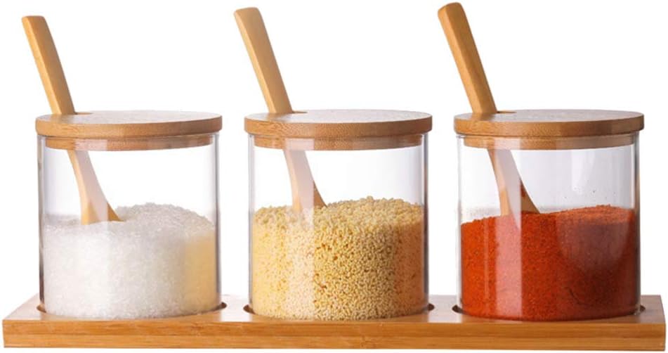 UPKOCH Seasoning Jars Glass Kitchen Clear Condiment Pots Spice Caddy Cruet Container Pot Holder with Wooden Spoon (1 Set)