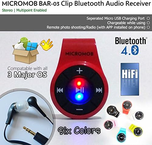 MICROMOB BAR-03 Bluetooth 4.0 Clip Stereo Bluetooth Audio Receiver/Adapter with Mic for Earphone/Headset/Speaker. Hands-free Calls/Music. [Ideal for Smartphone/iPhone 7,8 with no Audio Jack] (Red)