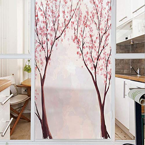 Decorative Privacy Window Film/Japanese Floral Design Sakura Tree Cherry Blossom Spring Country Home Watercolor Style/No-Glue Self Static Cling for Home Bedroom Bathroom Kitchen Office Decor Pastel Pi