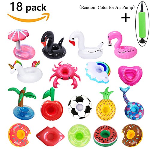 PETUOL Inflatable Drink Holders, 18 Packs Drink Floats Inflatable Cup Coasters for Pool Party and Kids Bath Toys (Mermaid Swan Flamingo Crab Pineapple Heart Mushroom Football Apple Red Lips)