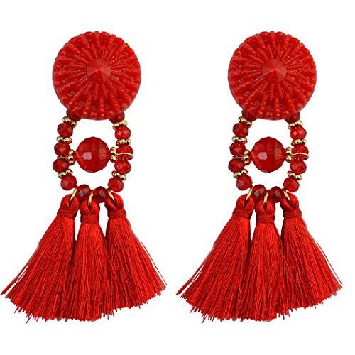 Bohemian Vintage Long Feather Beaded Tassel Drop Earring Stud (Red)