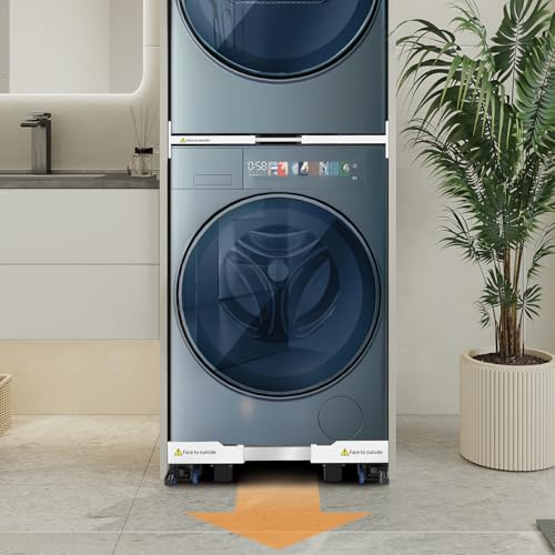 NIUXX Universal Connecting Frame and Base for Dryer and Washing Machine, Adjustable in Size with Ratchet Cable and Transport Wheels with Brake for Washing Machines and Dryers, Space Saving