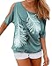 Lovaru Women's O Neck Feather Print Shirt Casual Cutout Sleeve Top Blouse,Green,Large