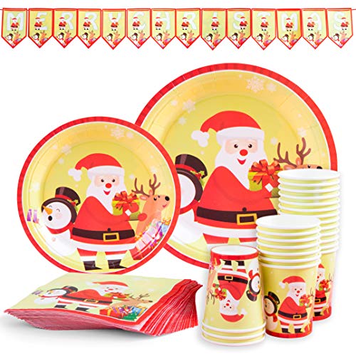 PartyFun Christmas Paper Plates Disposable Dinnerware Set Christmas Party Supplies Set Christmas Party Decoration Includes Paper Plates, Paper Cups, Napkins, Banner - Serves 24(Style 2)