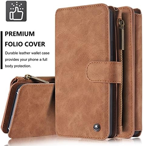 iPhone 7 Case,iPhone 7 Wallet Case,NERVX Premium PU Wallet Leather Case Flip Folio Wallet Case Cover - [Zipper Wallet] 14 Credit Card Slot With Detachable Slim Cover for iPhone 7 (Brown)