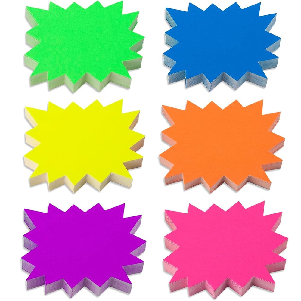 300Pcs Starburst Signs Fluorescent Price Signs, Assorted Colour Neon Stars Display Tags Blank Star Burst Sale Signs Price Tags Neon Display Sign for Markets and Retail Displays
