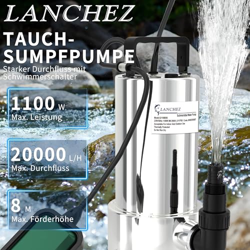 LANCHEZ 1100 W Submersible Dirty Water Pump, 20,000 l/h, Max Discharge Head 8 m, Max Immersion Depth 7 m, with Automatic Float Switch, 10 m Power Cable for Pool Emptying, Basement, Garden
