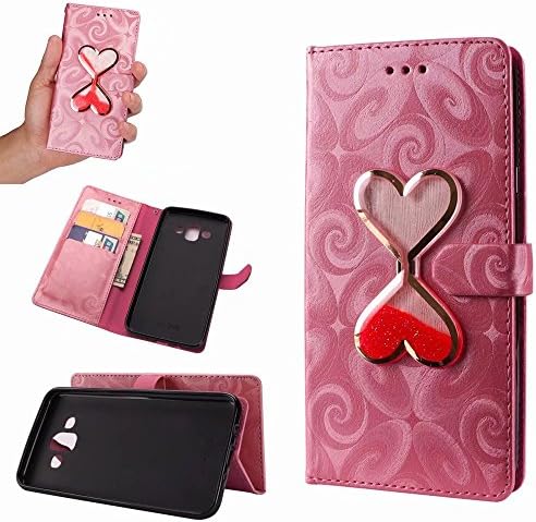 Galaxy J7 2018 Case, Galaxy J7 DUO Case,Wallet Flip Shiny PU Leather Case Inset Quicksand Linquid Love Heart Hourglass Design with Stand Card Slots Cover for Samsung Galaxy J7 2018