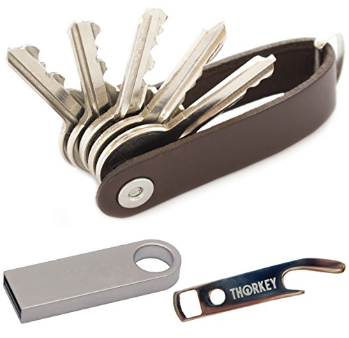 Compact Key Holder by ThorKey - Pocket Key Organizer Made of 100% Real Italian Leather - Secure Locking Mechanism - Key Chain for up to 10 Keys & Tools - Great Gift Keychain (Brown_USB)