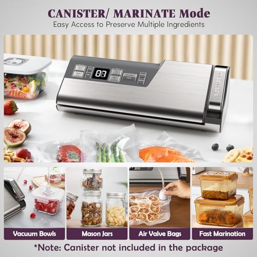 Mesliese Vacuum Sealer Machine, 95kPa 140W Double Seal Powerful Food Sealer, One Hand Operation Food Storage with Build-in Cutter & Roll Storage (Gray)