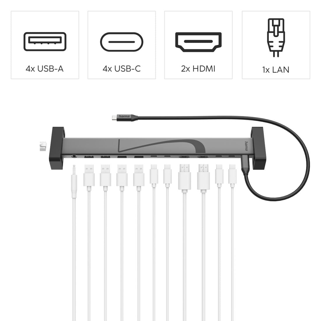 Hama USB C Docking Station, 12 Ports (4X USB A, 2X USB C Daten, 1x Monitor+Daten,1x Power, 2X HDMI, LAN/Ethernet, 3,5mm Audio/AUX, MST, 4K, für Monitor, Festplatte etc.) 3