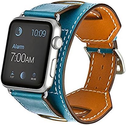 Yatale 42mm Cuff Bracelet Genuine Leather Band with Metal Clasp for Apple iWatch 6.75"-8.75"- Blue