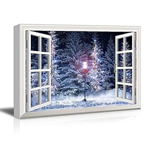 Window Frame Style Canvas Wall Art - Snow Covered Pine Trees and Street Lamp During Christmas Season - Giclee Print Gallery Wrap Modern Home Art Ready to Hang - 12x18 inches