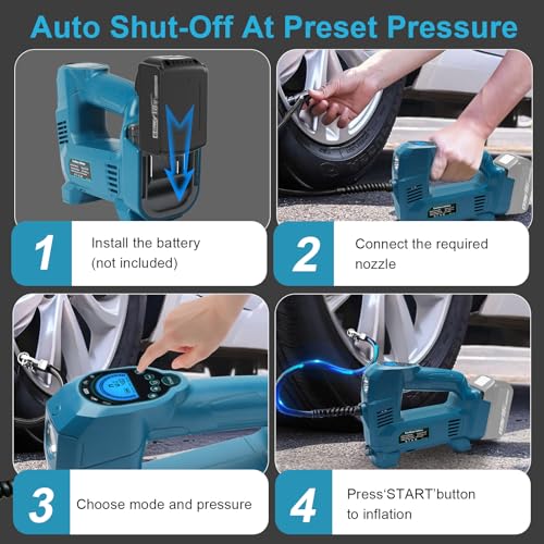 QUPERR Battery Compressor Compatible with Makita 18 V Battery, Electric Air Compressor up to 10.34 Bar with LED Light & Auto Stop, Portable Air Pump for Car, Motorcycle, Bicycle, Balls (without Battery)