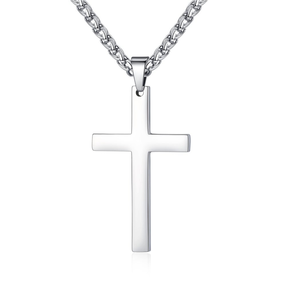 FOSIR Cross Necklace for Men, Silver Stainless Steel Mens Cross Pendant Necklaces, Curb Chain