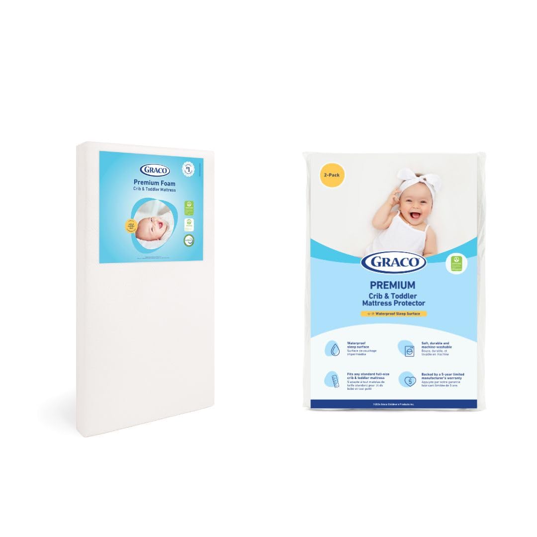Photo 1 of Graco Premium Crib Mattress & Protector Value Bundle (2-Pack) – Includes GREENGUARD Gold Certified Crib & Toddler Mattress, GREENGUARD Gold Certified Waterproof Protector