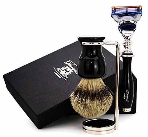 Mens Shaving Set with Silvertip Badger Hair Shaving Brush, 5 Edge Compatible Razor and Dual Stainless Steel Stand for Brush & Razor