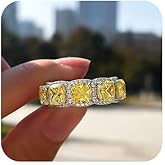925 Sterling Silver Yellow Diamond Ring – Princess Collection Square Halo Band, Luxury Sparkling Statement Ring for Women Size 6