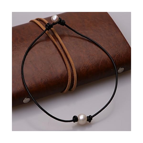 Single Cultured Freshwater Pearl Leather Choker Necklace on Genuine Black Leather Cord for Women Gift Handmade - Image 3