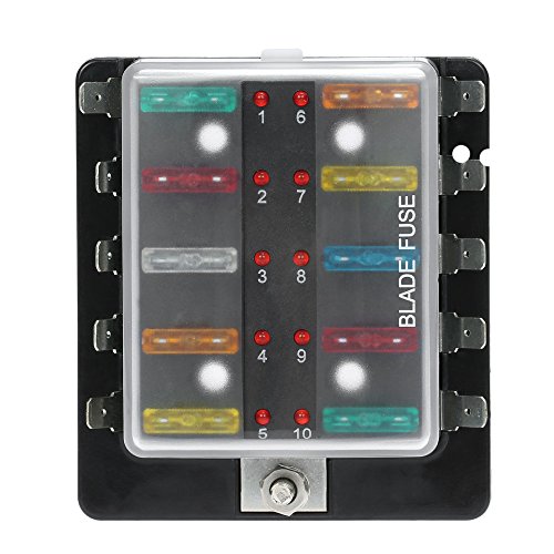 UPC 613635260192, KKmoon DC 12V 10 Way Blade Fuse Box Holder with LED Warning Light Kit for Car Boat Marine Trike