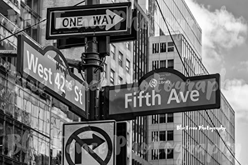 Photography West 42nd St &amp; 5th Ave Street Sign, NY Public Library, NYC Black and White Art Print Home Wall Decor New York City, Sizes Available from 5x7 to 20x30.