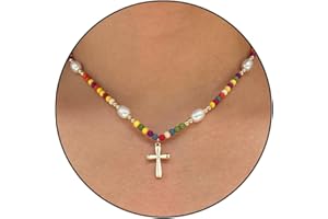GLEZZA Stocking Stuffers for Teen Girls - Trendy Colorful Beaded Choker Necklace for Women Teenage Girls, Dainty Cross Necklaces Christmas Gifts for Grandkids