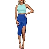 oten Women 2 Piece Summer Sexy Slim Skirt Ribbed Sleeveless Tank Top Bodycon Slit Dress High Waist Midi Dresses Outfit Set