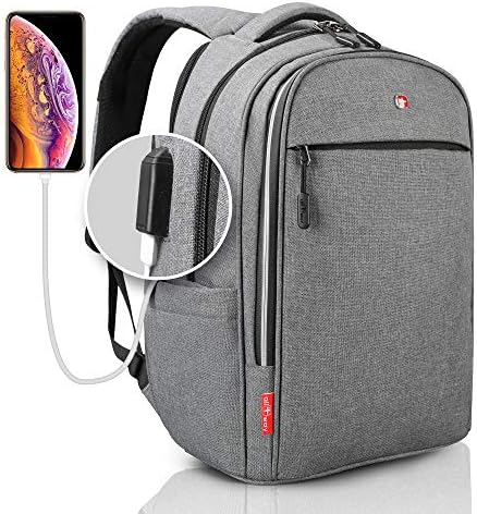 Laptop Backpack Grey RFID Blocking - Travel Backpack USB Quick Charge - Swiss Design 15" Business College School Waterproof Backpack for Men Women, New Model