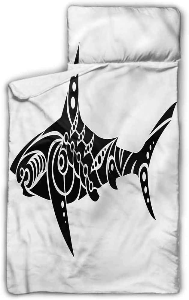Ahuimin Nap Mat for Toddlers at Preschool Kinder Daycare, Tribal,Shark Tattoo Design Artwork, 43" x 21" Portable Sleeping Bag Mats w Blanket + Pillow for Boys or Girls
