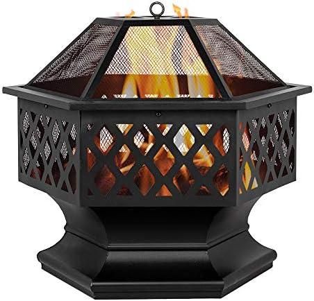Chocity 24" Hexagonal Shaped Iron Brazier Wood Burning Fire Pit Decoration for Backyard Poolside