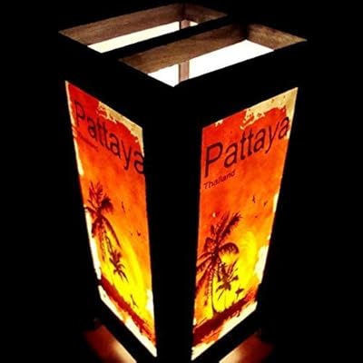 Pakdeevong shop Pattaya Beach Sunset Orange Handmade Asian Oriental Wood Light Night Lamp Shade Table Desk Art Gift Home Vintage Bedroom Bedside Garden Living Room
