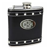6oz Silver Stud Black Faux Leather Hip Flask, Free Personalization