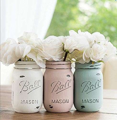 Blue, Pink, Cream- Set of (3) - Custom Painted Mason Jar - Mason Jars Centerpiece Vases Decor