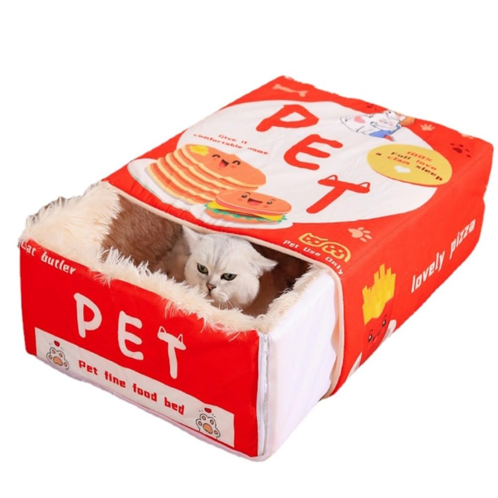 Photo 1 of **DISCOLORATION*** SSDHUA Cat Nest Snack Box Bed Biscuit Burger Box Pet Bed Winter Warm Dog House Removable Plush Pad Closed Four-Season Pet Nest (L,Red)