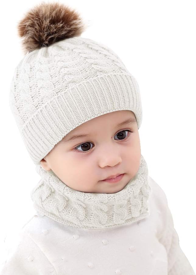 Baby Girls Boys Winter Beanie Hat Scarf Set Toddler Warm Knitted Hats Circle Scarf for Infant Newborn Winter Pom Hat