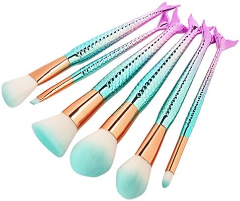 Iskas Mermaid Makeup Brush Set 6pcs Soft Nylon Bristles Brushes Beauty Kit, Foundation Blending Blush Concealer Eye Face Lip Cosmetics Tools - Green Gradient