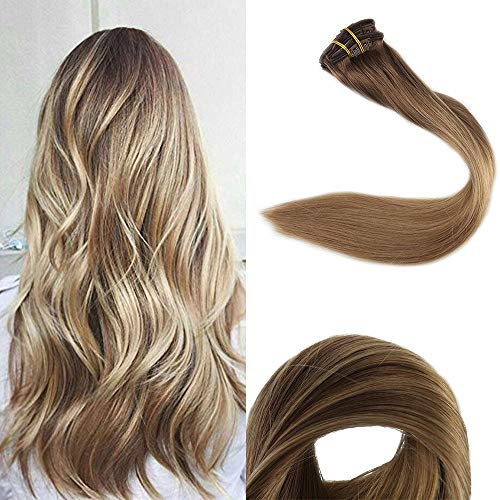 Full Shine Clip Hair Extensions 12 Inch Remy Clip In Human Hair Ombre Hair Color 10 Middle Brown Fading To 14 Dark Blonde Clip In Balayage Hair Extensions Brazilian Hair 100 Grams 10 Pcs Clip Ins