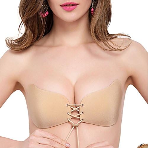 Tuifallen Women's Strapless Bra Self Adhesive Silicone Push Up with Drawstring Beige A